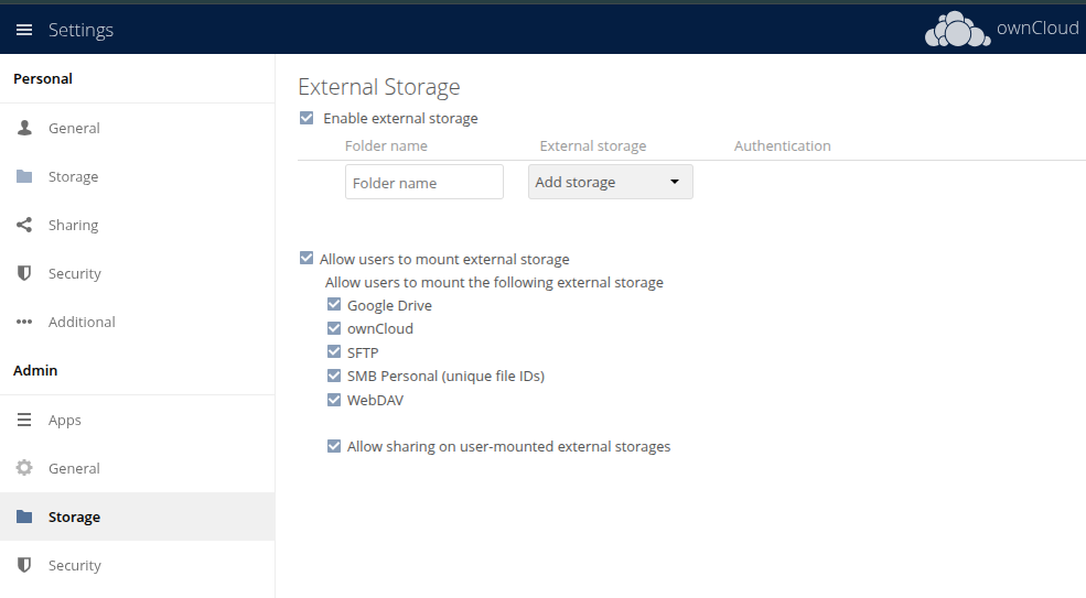 ownCloud admin — enabling External Storage