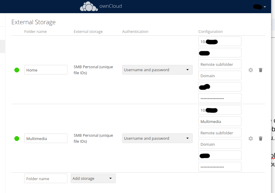 ownCloud — user configuring external Samba share